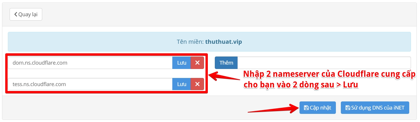cập nhật dns trên phần quản lý tên miền inet